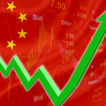 Flag of China with a chart of financial instruments for stock market analysis and a green uptrend arrow indicates the stock market enter booming period. Chinese stocks